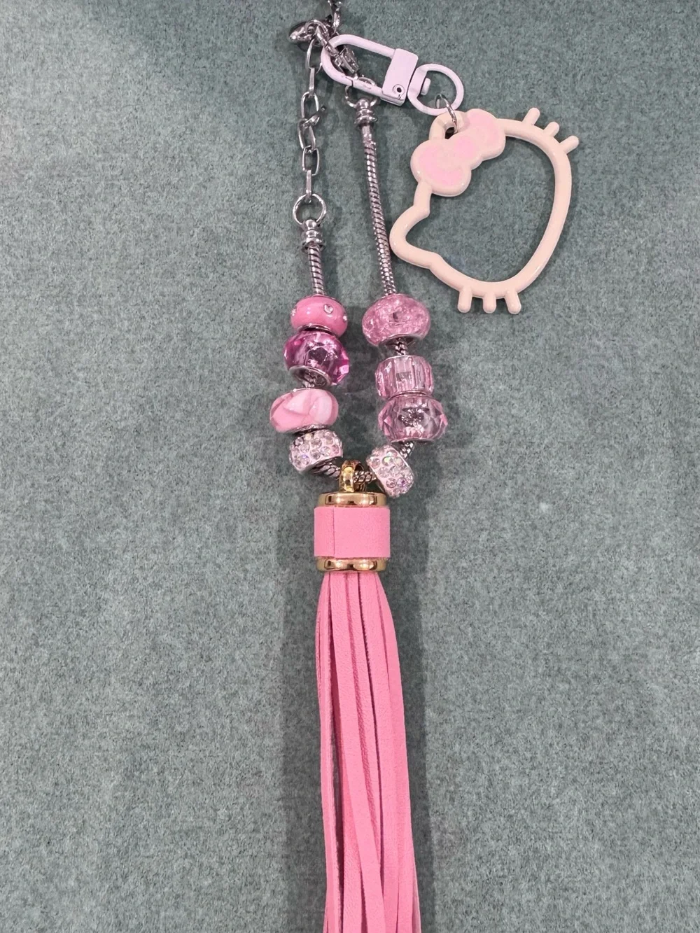 Pink Hello Kitty Beaded Tassel Keychain with Charm